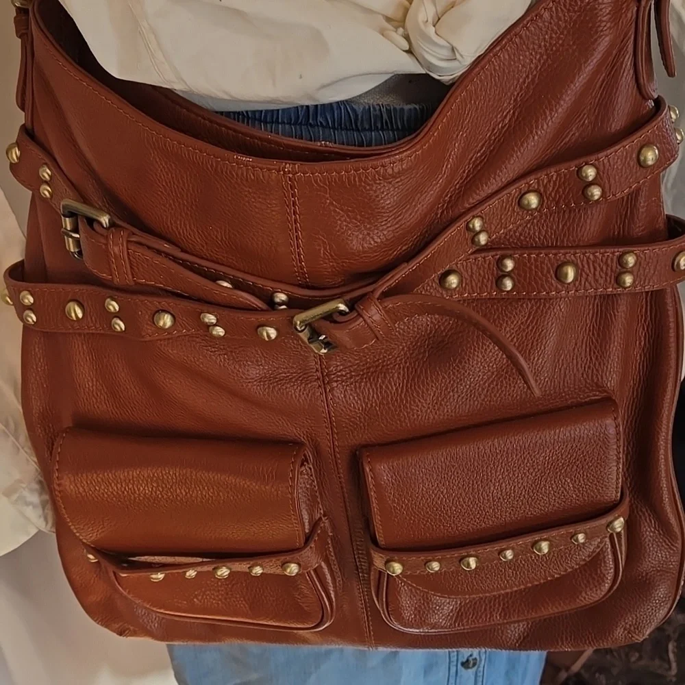 Leather Bucket Hobo Crossbody Chocolat Blu Brand Pebble Leather Gold Stud Detail